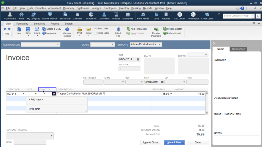 QuickBooks Invoice